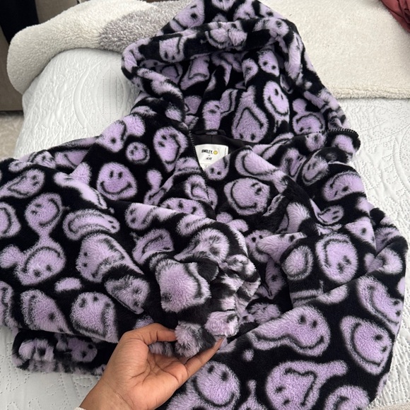 SMILEY x H&M Smiley Face Patterned jacket w Hoodie black and lilac size small - Picture 5 of 6